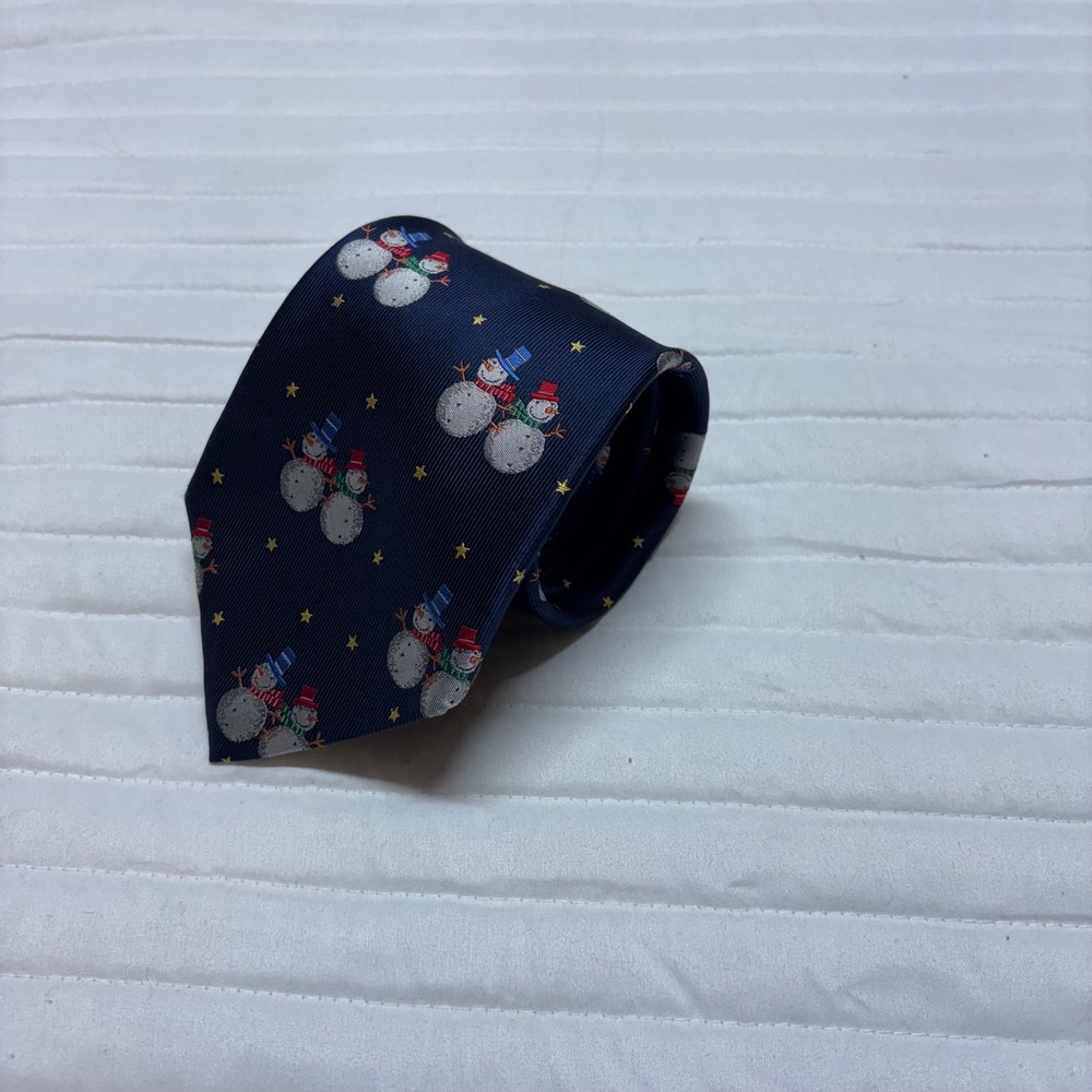 American‎ Greetings Mens Silk Tie Navy Blue Snowman Christmas Holiday Stars 2004